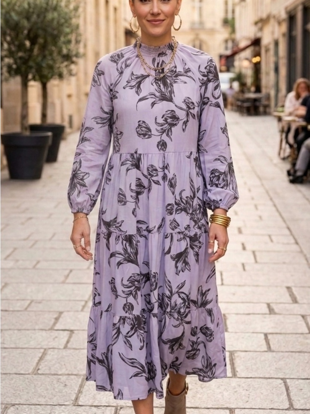 a new day Lavender Floral Tiered Maxi Dress with Black Print